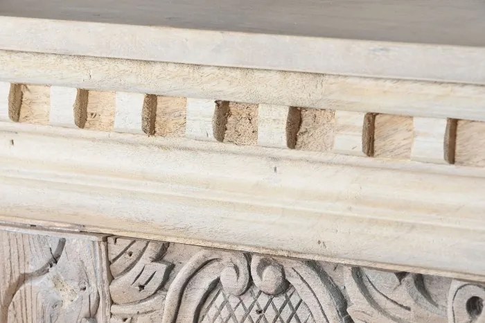 Consolă hol sculptată din lemn de mango, natur, cu coloane, friză cu dentili și panouri cu rozete, 91 x 182 x 54 cm, „Emperia”