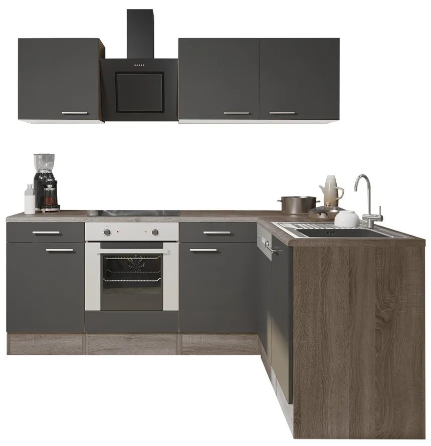 Mobilă de bucătărie de colț Yorki 220, corp din stejar Yorki, față antracit satinat cu element inferior al cuptorului