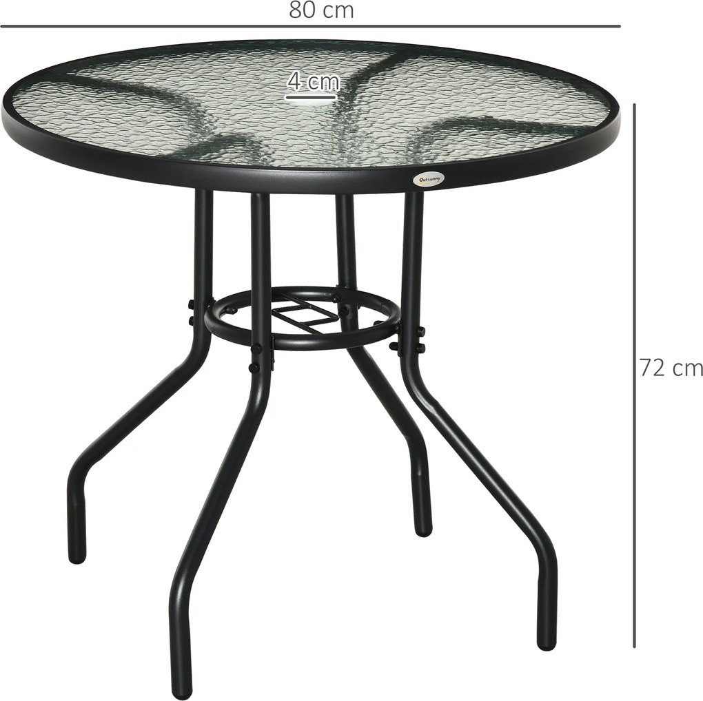Outsunny Masă de Grădină Rotundă 80 cm cu Orificiu pentru Umbrelă, Masă de Cafea pentru Exterior cu Blat din Sticlă Temperată, Cadru Metalic, pentru Terasă, Balcon, Negru | Aosom Romania