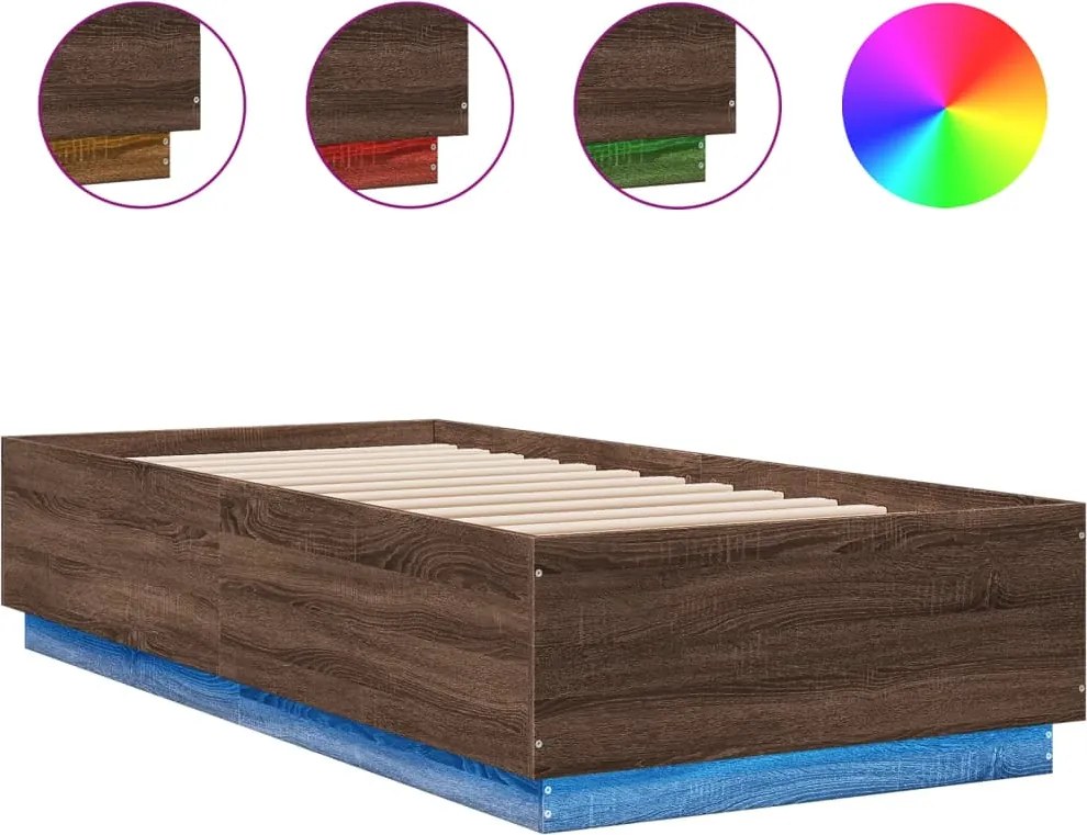 vidaXL Cadru de pat cu lumini LED stejar maro 90x200 cm lemn prelucrat