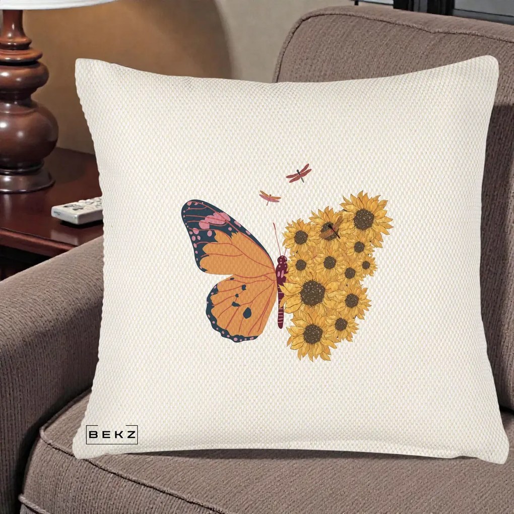 Perna Decorativa Fluture Floarea-Soarelui, 40x40 cm, Crem Reliefat, Husa Detasabila, Perna Inclusa, BEKZ®