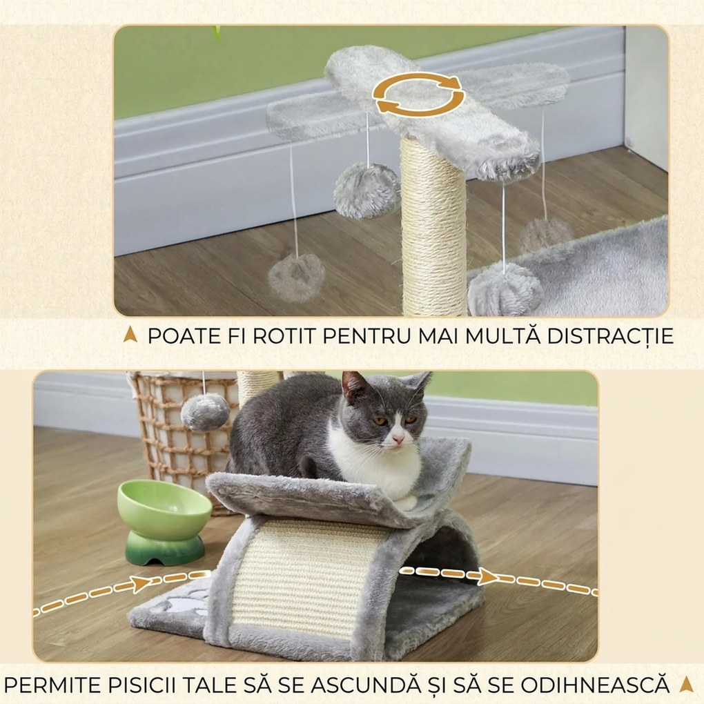 PawHut Ansamblu Pisici Copac Plus Ascuțire Unghii Stâlp Sisal Cusca 2 Mingii 40x30x43cm Gri | Aosom Romania