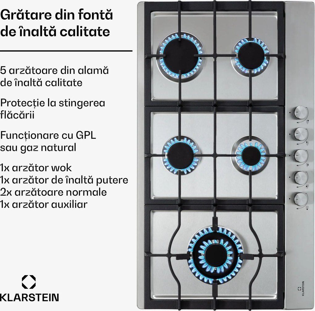 Klarstein Ignito Chef Edition, 5 zone, plită pe gaz, 5 arzătoare, arzătoare Sabaf, suprafață din sticlă ceramică