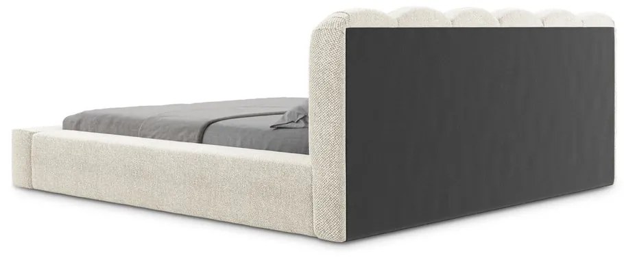Pat matrimonial bej tapițat cu spațiu de depozitare cu somieră 140x200 cm Mano – Makamii