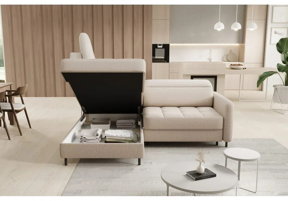 Colțar bej extensibil/cu spațiu de depozitare cu tapițerie din catifea (cu colț pe partea stângă/în formă de ”L”) Barea – ELTAP