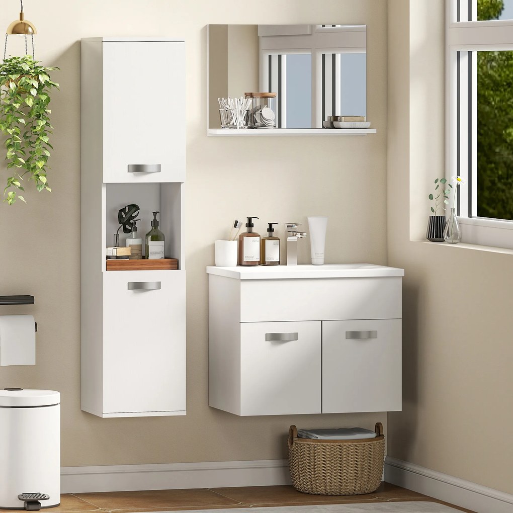 kleankin Set Mobilier Baie 4 Piese cu Lavoar din Ceramică, Dulap de Baie, Coloană de Baie și Oglindă, Alb | Aosom Romania