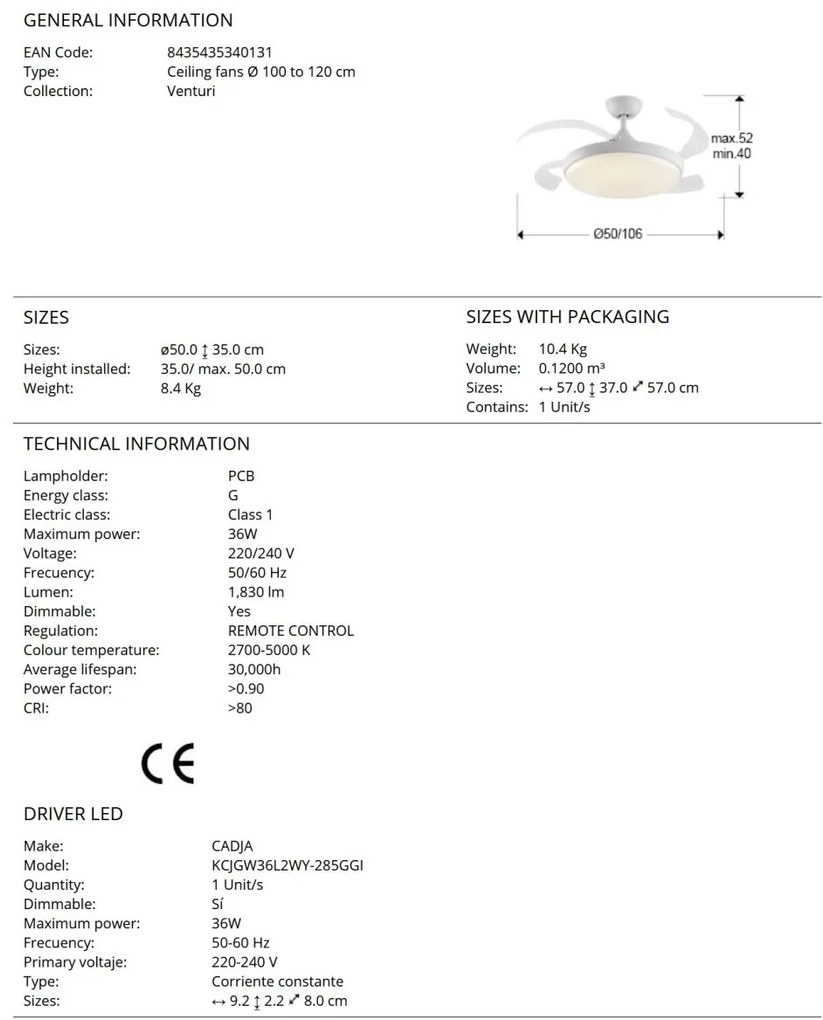 Lustra LED cu Ventilator si telecomanda, lame retractabile Venturi alb