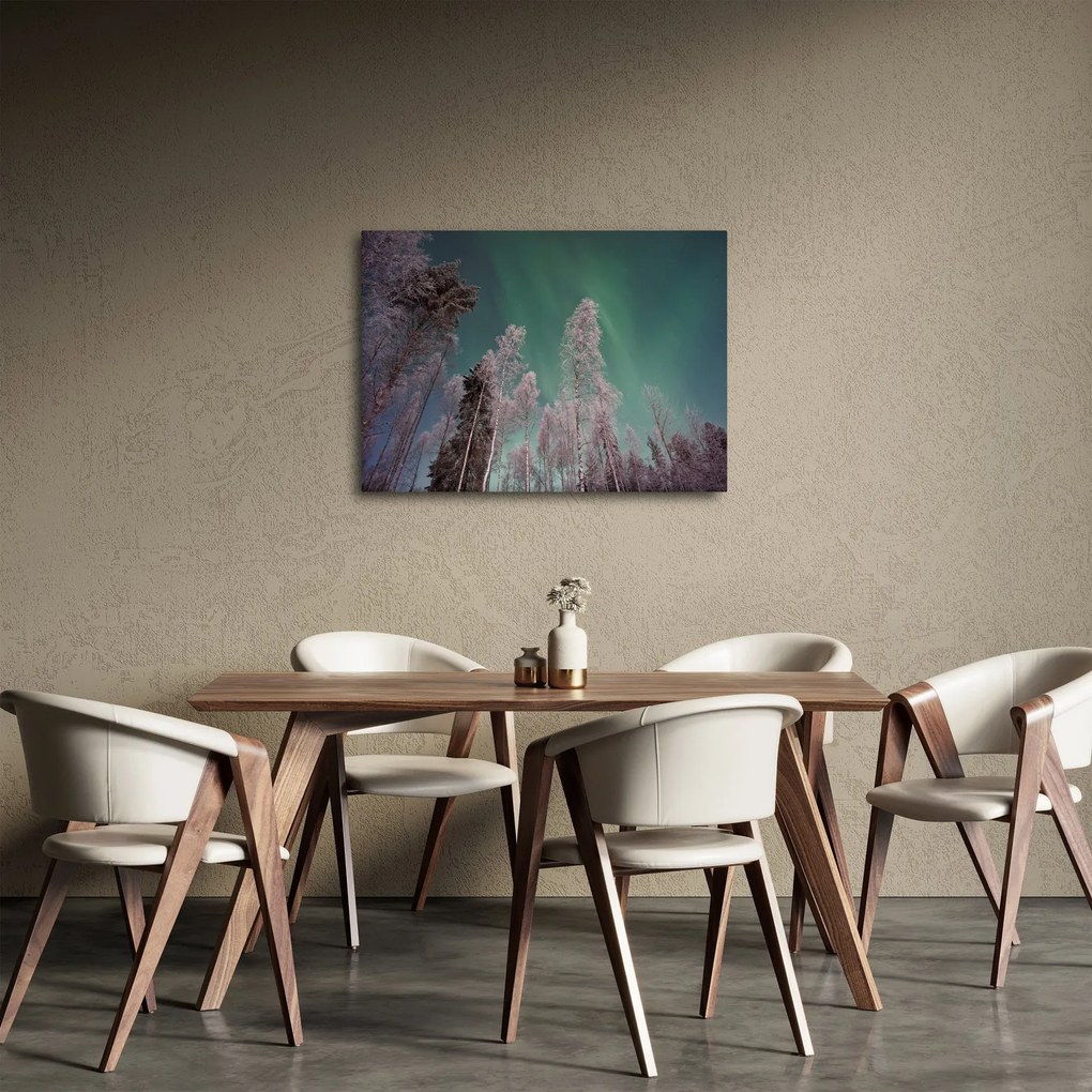 Tablou cu aurora borealis deasupra pomilor înghețați (70x50 cm)