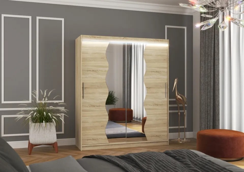 Dulap cu usi glisante si oglinda + iluminare LED, Kansas 180 + LED, 180 cmx200 cmx58 cm, ADRK Furniture (Culoare: Alb)