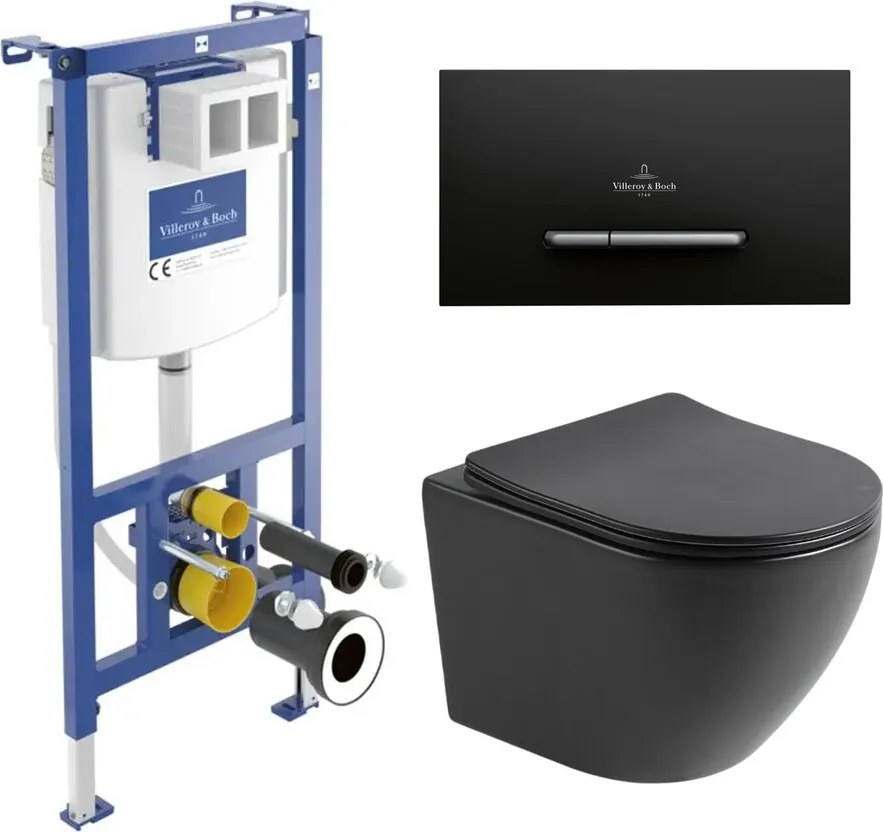 Set rezervor WC cu cadru incastrat Villeroy&Boch ViConnect si clapeta de actionare ViConnect 300S negru mat plus vas WC Rune Ivaldi cu capac softclose