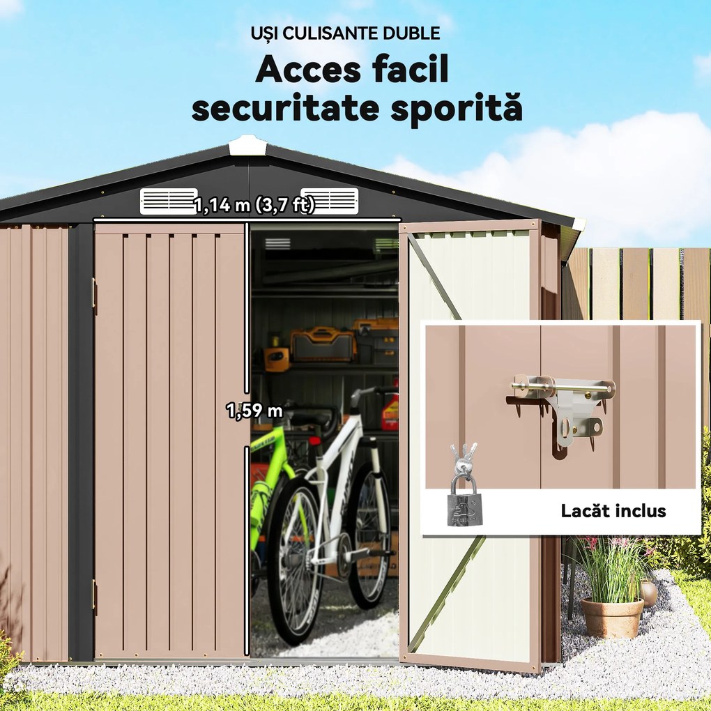 Outsunny Magazie de Grădină din Metal 364 x 238 cm cu 4 Grile de Ventilație și Uși Duble cu Încuietoare, Maro | Aosom Romania