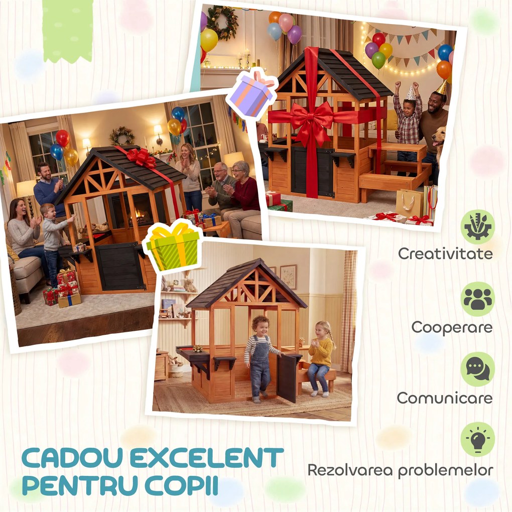 AIYAPLAY Căsuță de Grădină pentru Copii din Lemn de Molid, Căsuță pentru Exterior cu Masă, Bănci, Chiuvetă, Ușă pe Jumătate, Suport Ghivece, Fereastră Snack Bar, 3-8 Ani, 166x113x140 cm, Maro Deschis | Aosom Romania