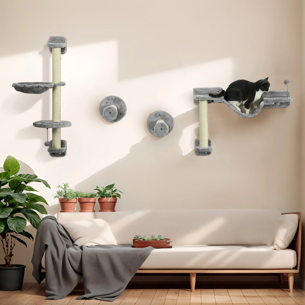 PawHut Copac de pisici complet pe perete cu 4 piese hamac, panglică, platformă de sărit, stâlp din sisal și scară pluș gri | Aosom Romania