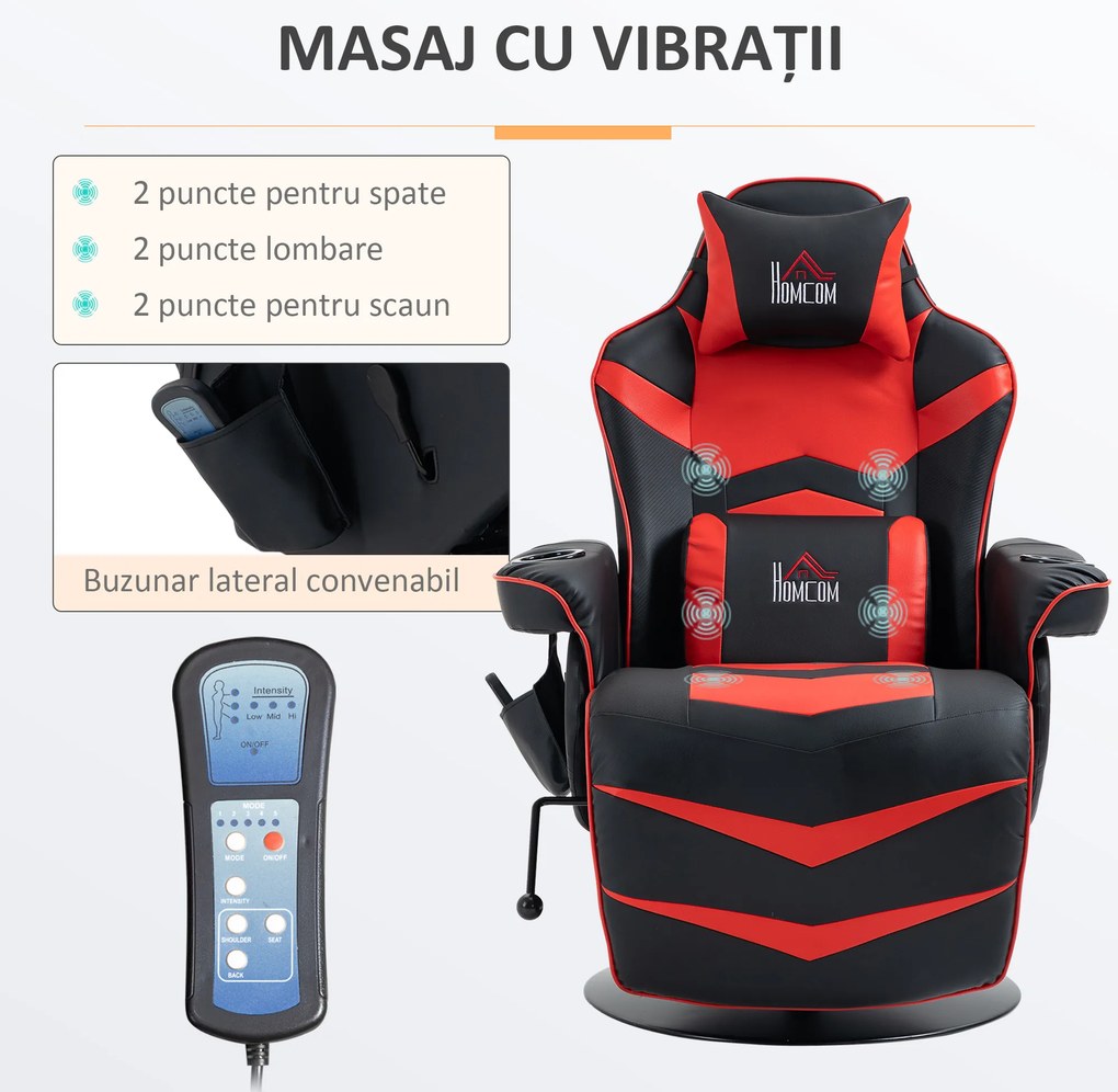 HOMCOM Scaun de Gaming cu Masaj, Suport pentru Picioare și Pernă, din Piele Sintetică, 78x80x111,5 cm, Negru și Roșu | Aosom Romania
