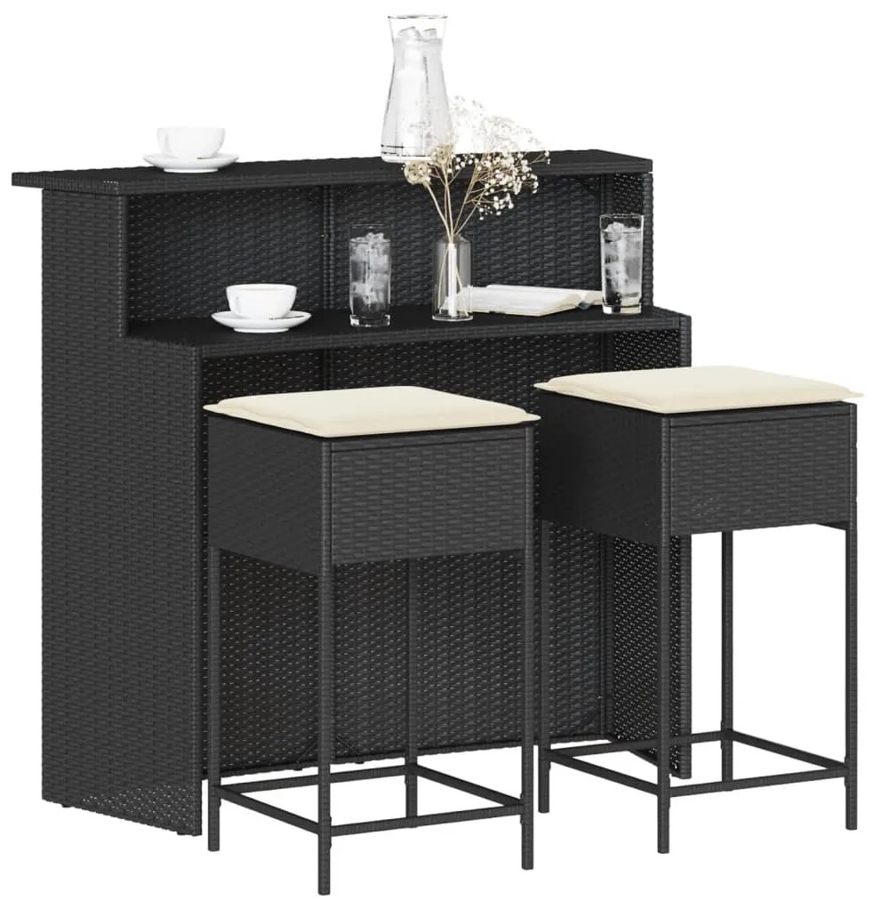 vidaXL Set mobilier bar de grădină cu perne, 3 piese, negru, poliratan