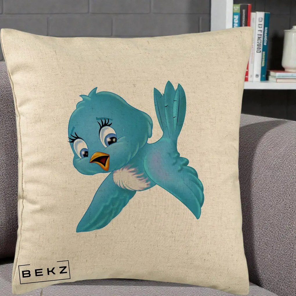 Perna Decorativa Pui de Pasare Albastru, 40x40 cm, Bej, Husa Detasabila, Perna Inclusa, BEKZ®
