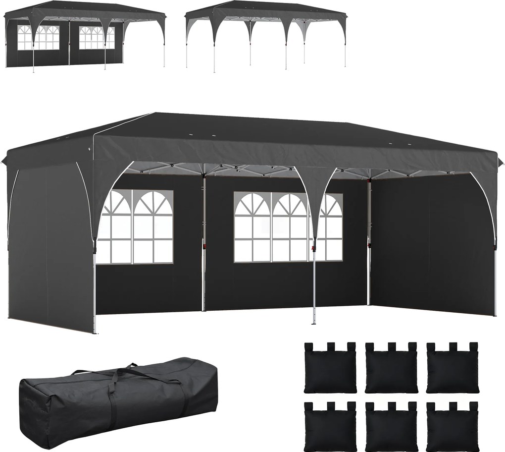 Outsunny Cort Pliabil 6x3 m cu Benzi Reflectorizante UPF 50+ Montaj Ușor Sistem Central de Blocare Impermeabil Gri închis | Aosom Romania