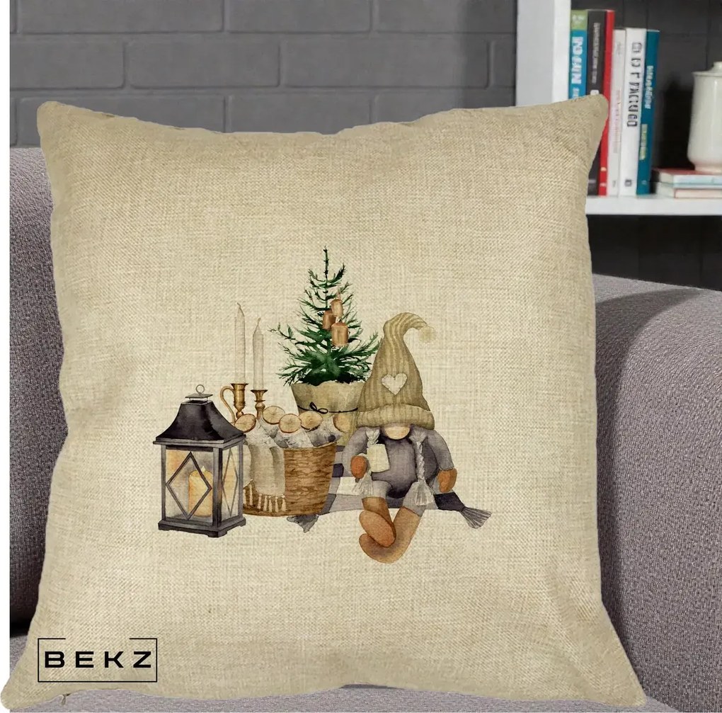 Perna Decorativa Gnom Scandinav cu Felinar, 40x40 cm, Crem, Husa Detasabila, Perna Inclusa, BEKZ®