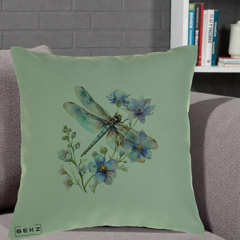 Perna Decorativa Libelula Acuarela Flori Albastre, 40x40 cm, Verde, Husa Detasabila, Perna Inclusa, BEKZ®