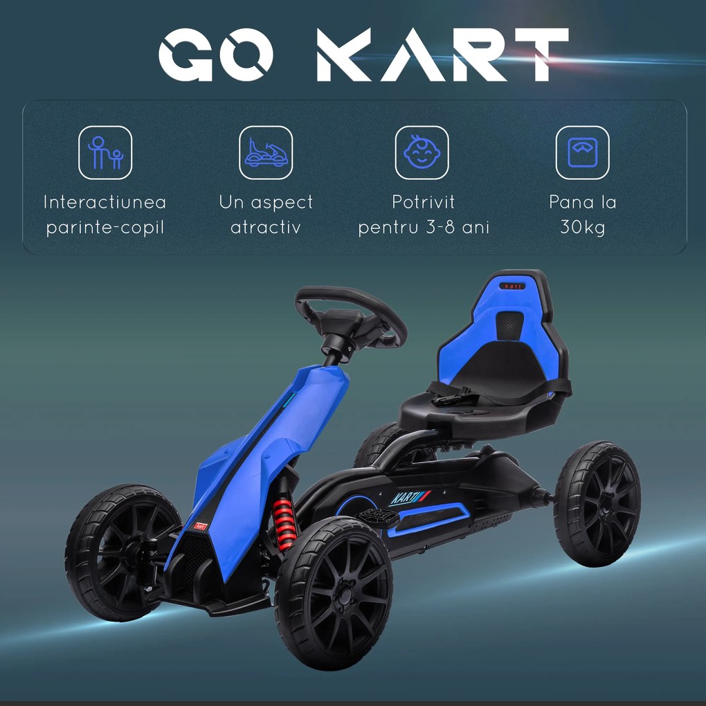 Kart cu pedale pentru copii cu vârsta de 3-8 ani cu scaun reglabil în 4 poziții și roți EVA, 100x58x58,5cm, albastru-negru HOMCOM | Aosom Romania