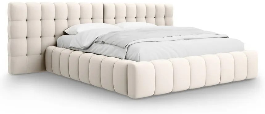 Pat matrimonial crem tapițat cu spațiu de depozitare cu somieră 180x200 cm Mamaia – Micadoni Home