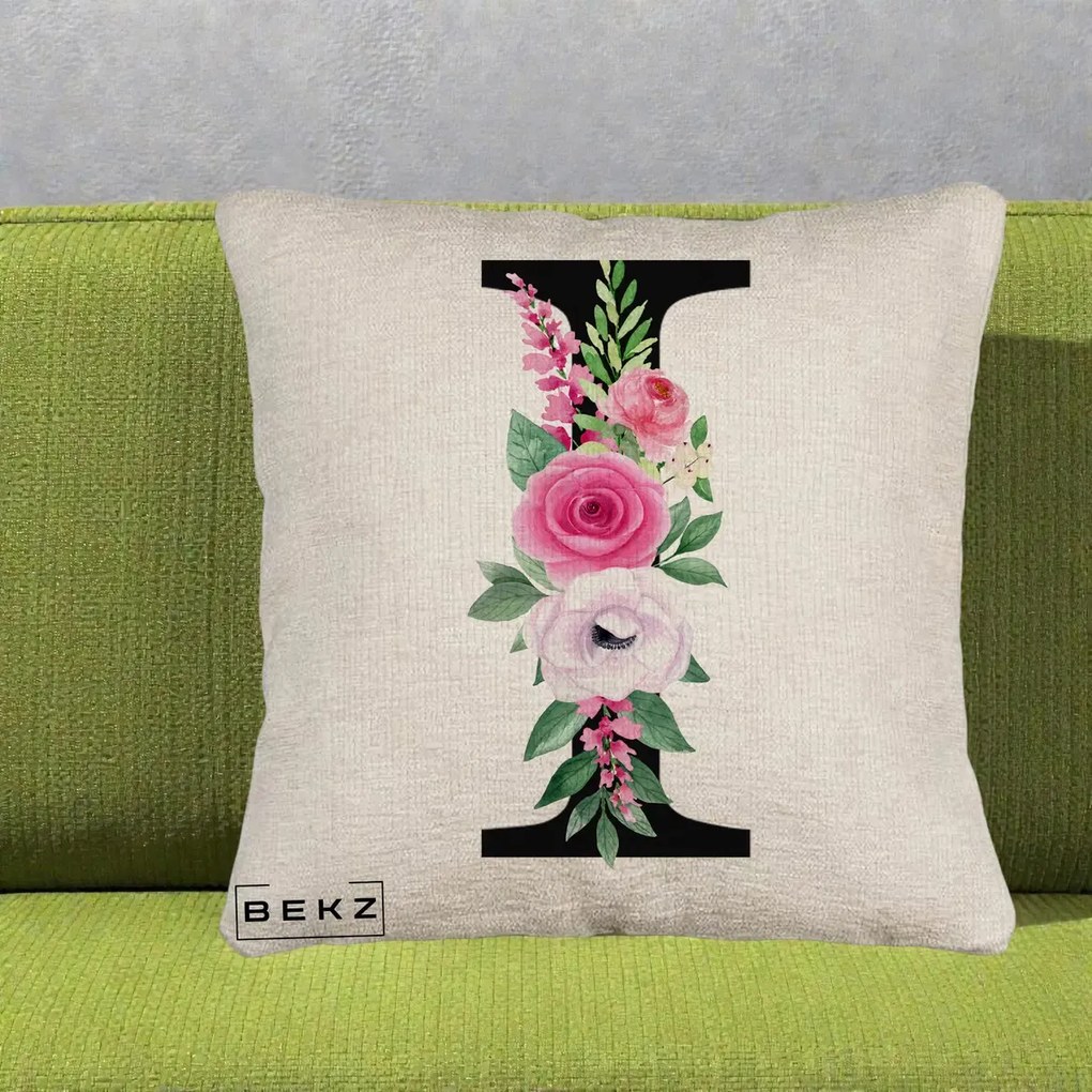 Cadou Personalizat - Perna Personalizata Monograma Florala Litera I, 40x40 cm, Bej Canapea, Husa Detasabila, Perna Inclusa, BEKZ®