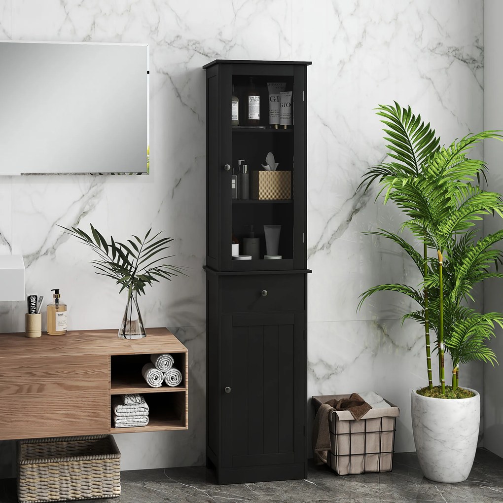 kleankin Coloană Baie economisitoare de spațiu cu dulăpior, sertar și rafturi din MDF, 40x27x171.5cm, Negru | Aosom Romania