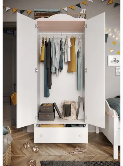 Dulap Lena Cu 2 Usi Si 1 Sertar, Alb Si Roz, 85 Cm