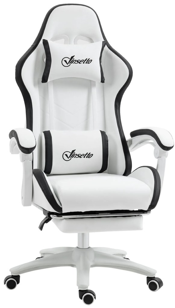 Vinsetto Scaun gaming scaun gaming cu spătar inclinabil la 135°, suport pentru cap și repose-pieds 65l x 65L x 121-129H cm alb și negru | Aosom Romania