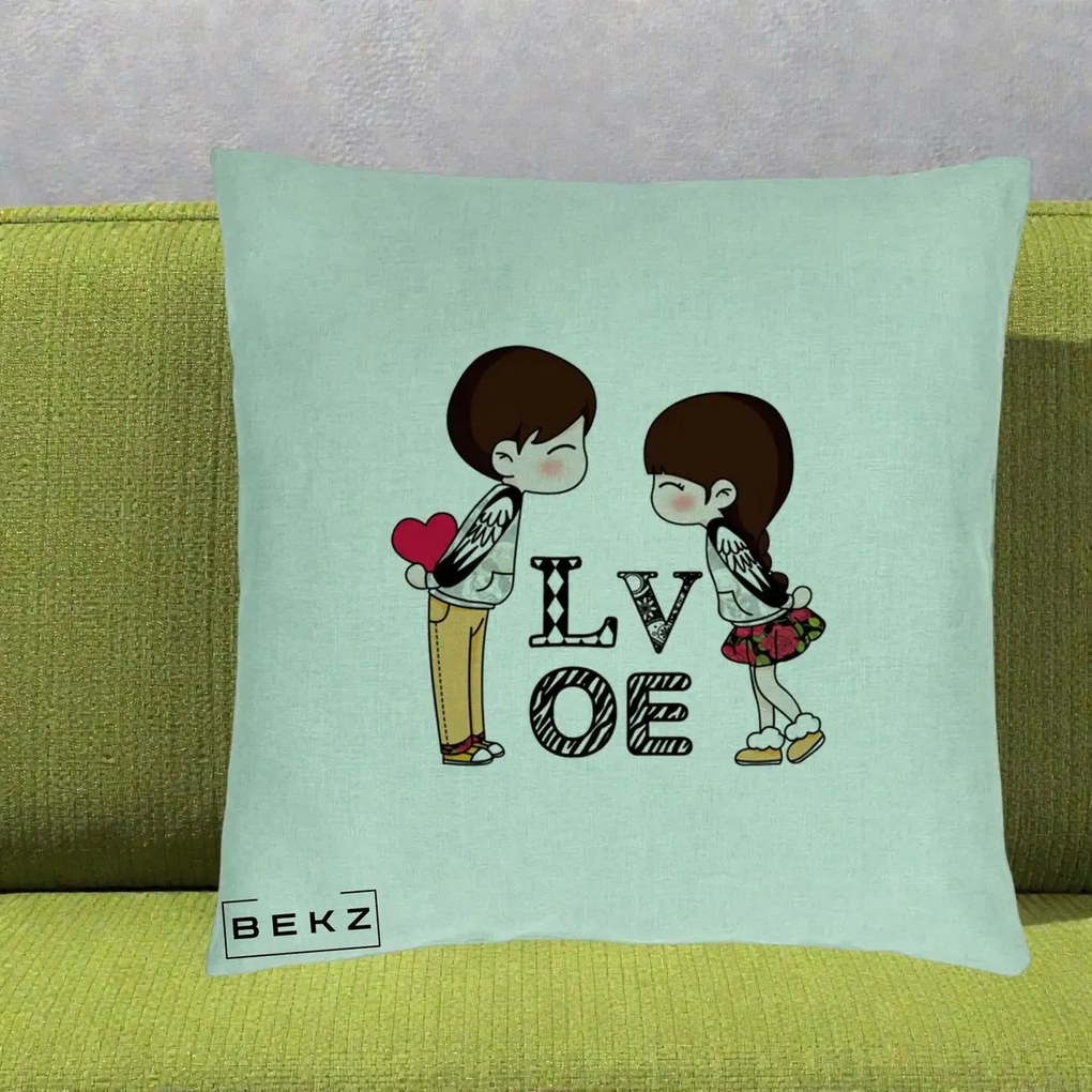 Cadou Romantic - Perna Personalizata Cuplu Kawaii LOVE, 40x40 cm, Verde Menta, Husa Detasabila, Perna Inclusa, BEKZ®