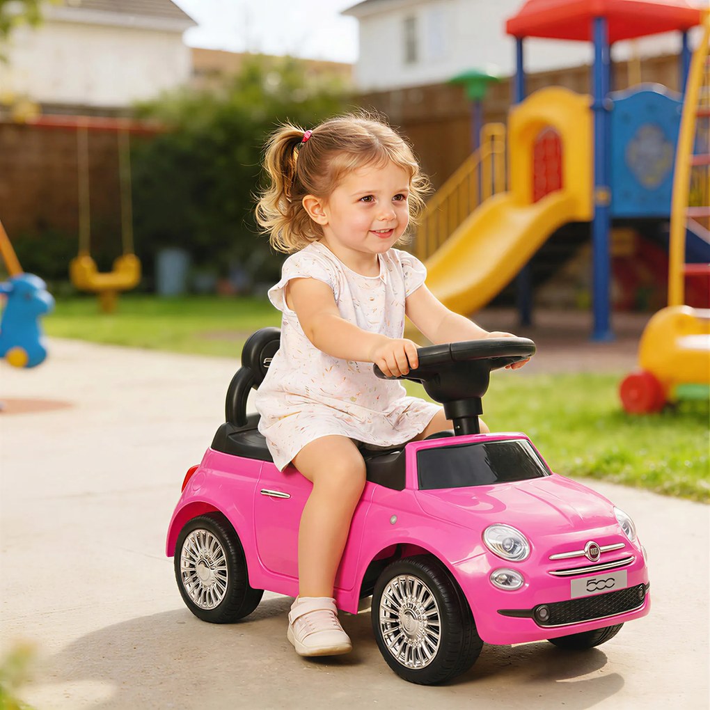 AIYAPLAY Mașinuță de Împins pentru Copii 12-36 Luni, Licență Fiat, cu Muzică, Claxon și Spațiu Depozitare, Roz | Aosom Romania