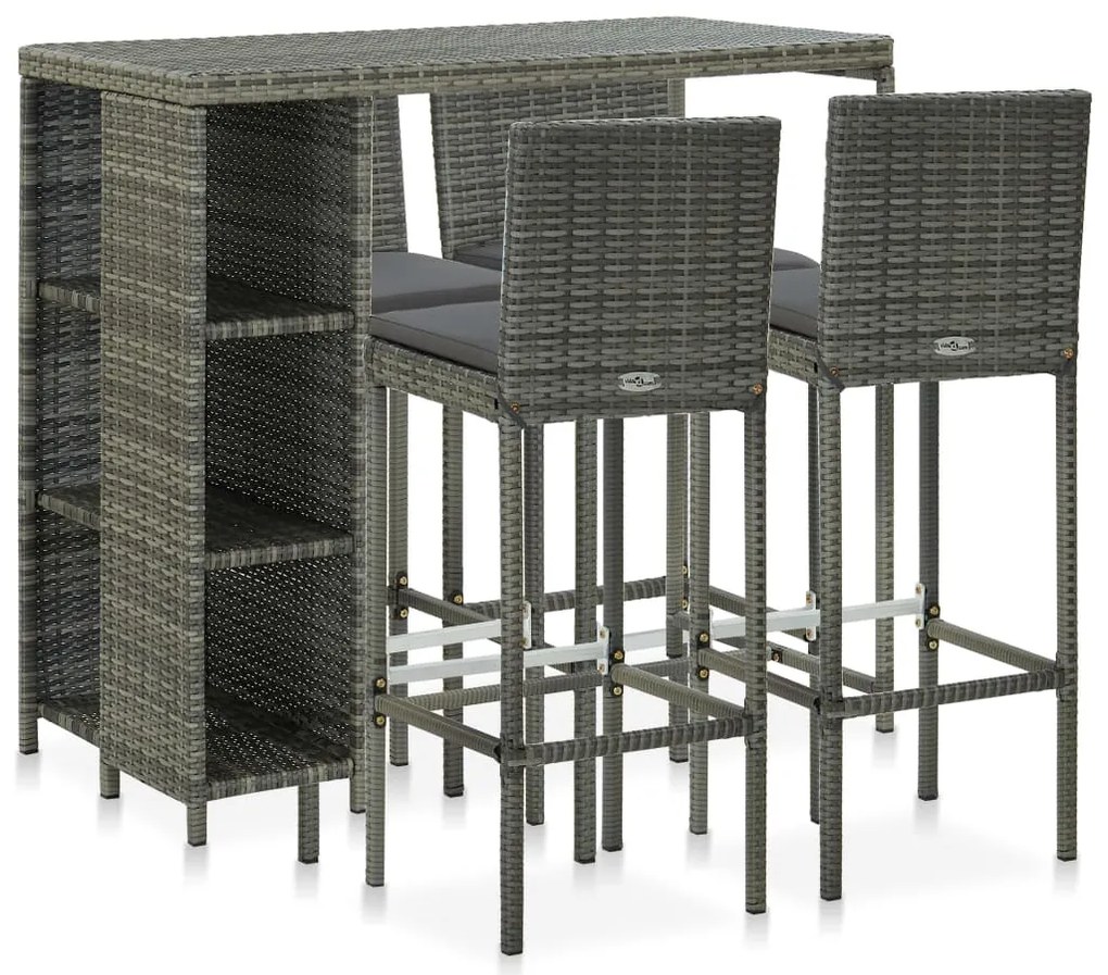 vidaXL Set mobilier bar de grădină cu perne, 5 piese, gri, poliratan