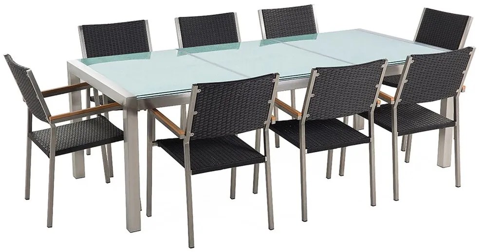 Set de masă pentru grădină Grosso (negru) (blat din sticlă 210x100 cm) (scaune din ratan). 1011751
