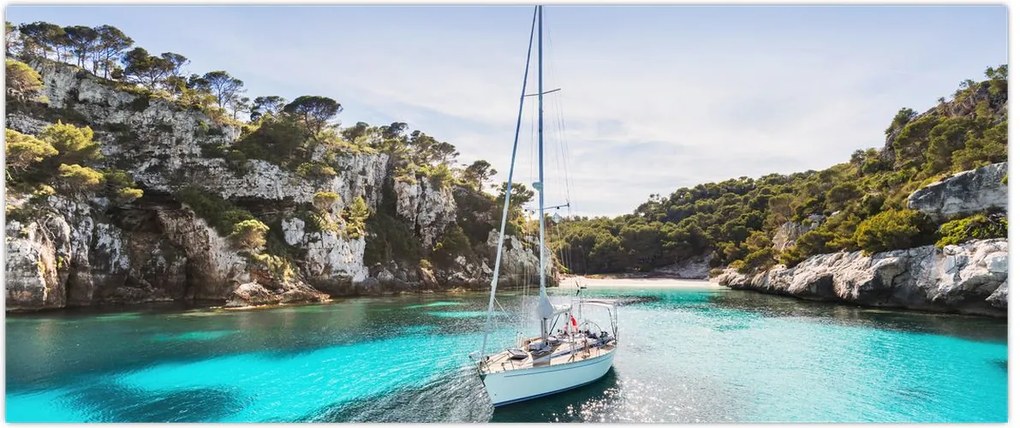 Tablou - Plajă cu barca cu pânze (120x50 cm)