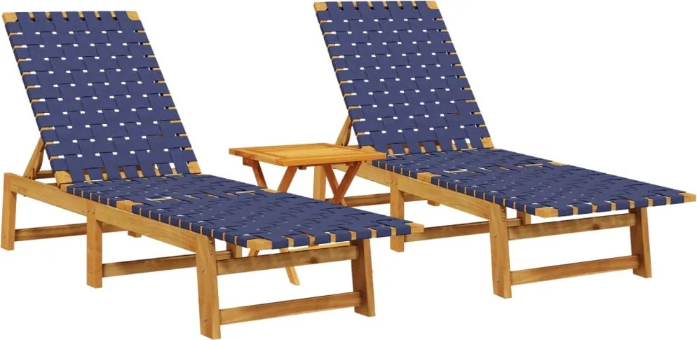 vidaXL Șezlonguri cu masă, 2 buc, albastru închis, lemn masiv acacia