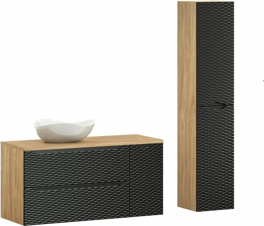 Set mobilier baie 120 cm 5 piese Comad Ocean stejar uleiat si negru mat