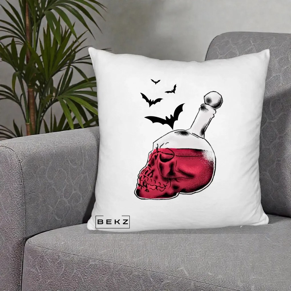 Perna Decorativa Halloween Craniu-Sticla cu Lilieci, 40x40 cm, Alb Pufos, Husa Detasabila, Perna Inclusa, BEKZ®