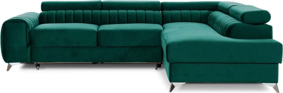 Colțar verde extensibil/cu spațiu de depozitare cu tapițerie din catifea (cu colț pe partea dreaptă/în formă de ”L”) Laurence – ELTAP