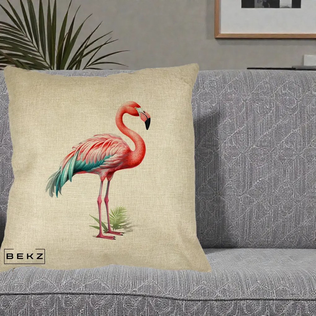 Perna Decorativa Flamingo Roz cu Pene Teal, 40x40 cm, Crem, Husa Detasabila, Perna Inclusa, BEKZ®