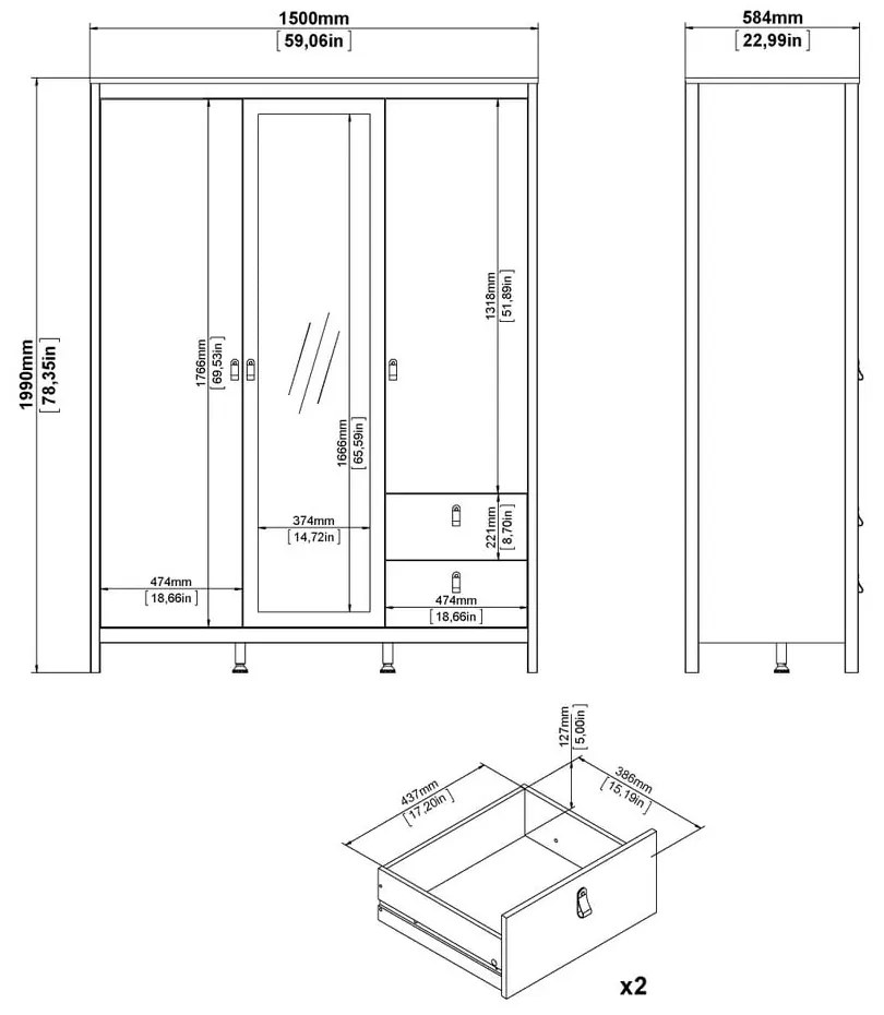 Șifonier grej cu oglindă 150x199x58 cm Madrid – Tvilum