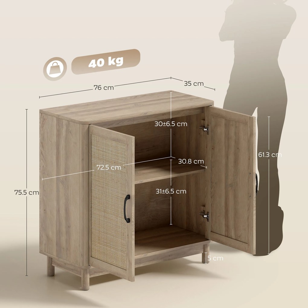 HOMCOM Bufet pentru living, mobilier de depozitare cu 2 uși din ratan, poliță reglabilă și margini rotunjite, 76 x 35 x 75,5 cm, stejar | Aosom Romania