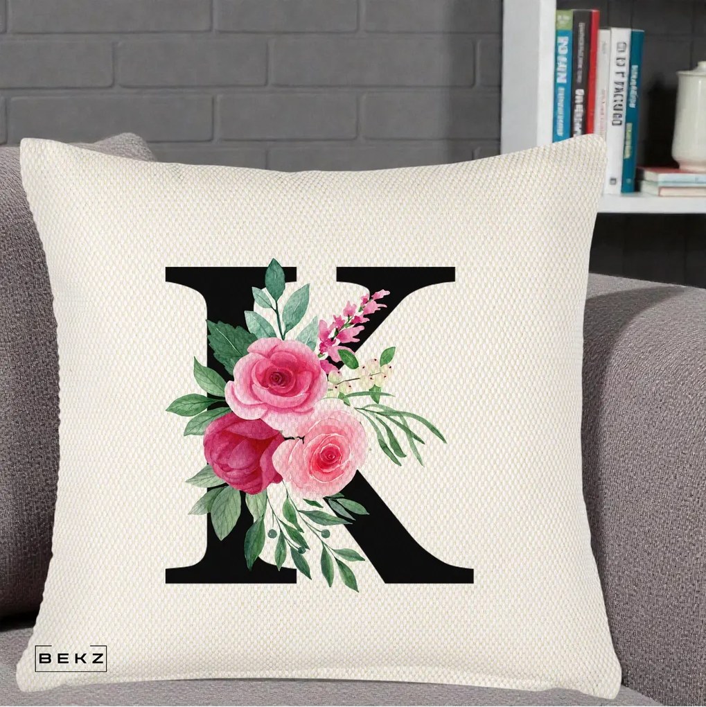 Cadou Personalizat - Perna Personalizata Monograma Florala Litera K, 40x40 cm, Crem Reliefat, Husa Detasabila, Perna Inclusa, BEKZ®