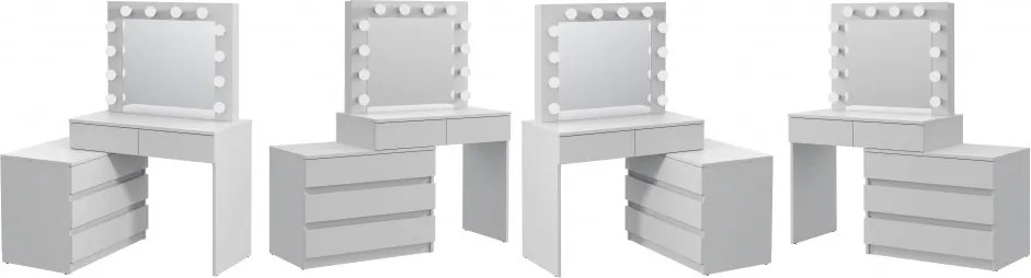 Masuta machiaj cu Oglinda LED si 5 Sertare pentru Cosmetice, Set Masa toaleta 130 cm, Alb, masuta cosmetica, vanity - SEA541