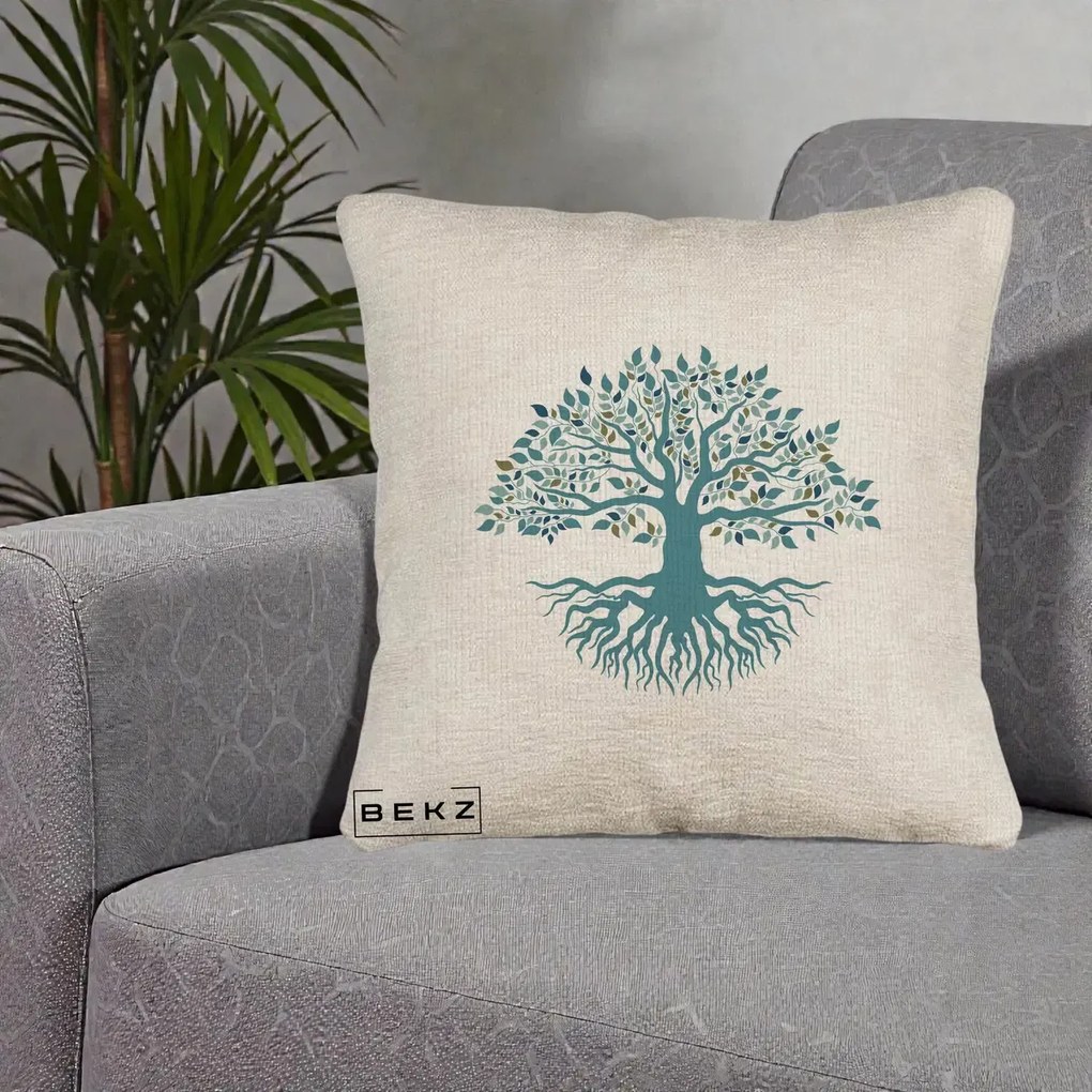 Perna Decorativa Copacul Vietii Teal cu Radacini, 40x40 cm, Bej Canapea, Husa Detasabila, Perna Inclusa, BEKZ®