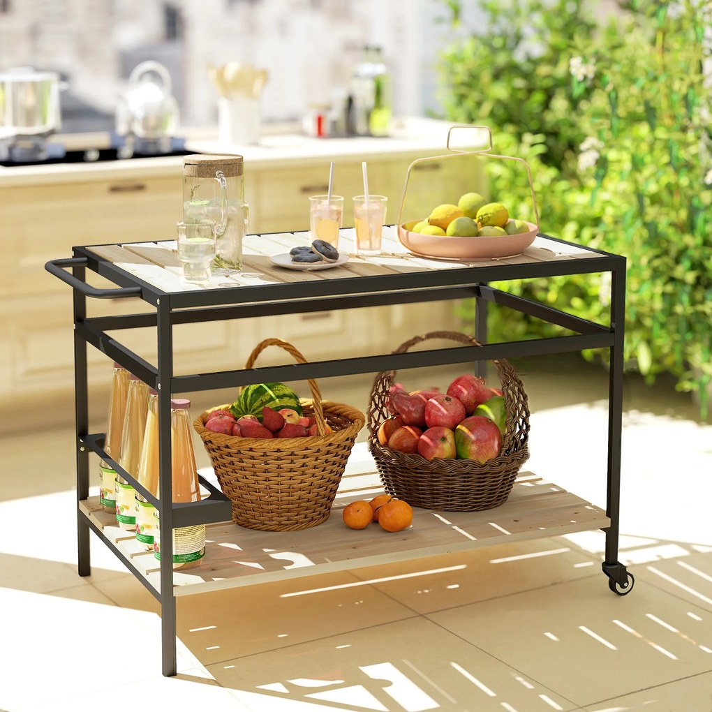 Outsunny Cărucior cu Roți din Lemn cu 2 Rafturi, 3 Cârlige, Blat cu Lamele și Mâner 107x65x80 cm Natural | Aosom Romania