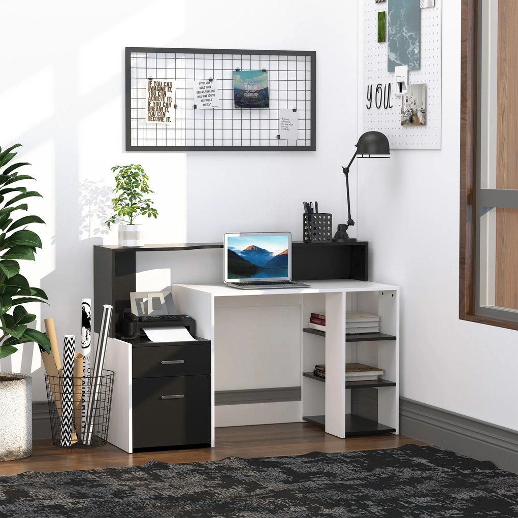 HOMCOM Masa de Birou Moderna pentru Computator cu Rafturi din Lemn MDF Alb si Negru 140x55x92cm | Aosom Romania