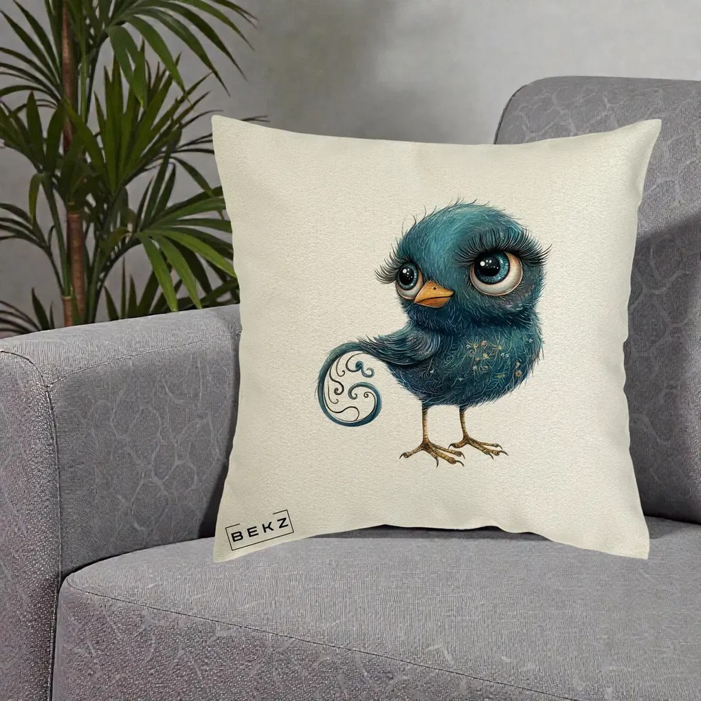 Perna Decorativa Pasare Teal cu Motive Aurii si Coada Spiralata, 40x40 cm, Ecru, Husa Detasabila, Perna Inclusa, BEKZ®