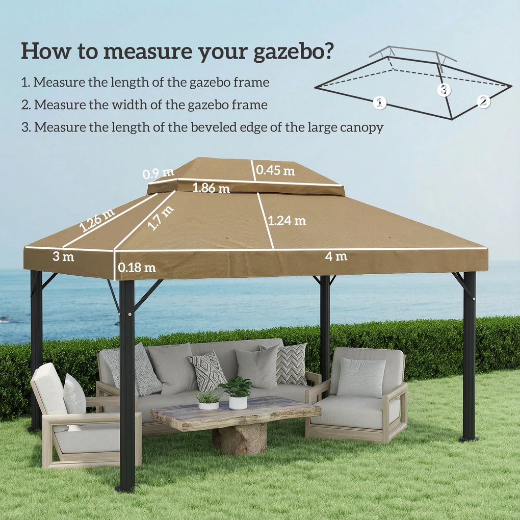 Outsunny Prelată de schimb pentru pavilion 4 x 3 m, acoperiș dublu cu orificii de scurgere, poliester 370 g/m², beige | Aosom Romania