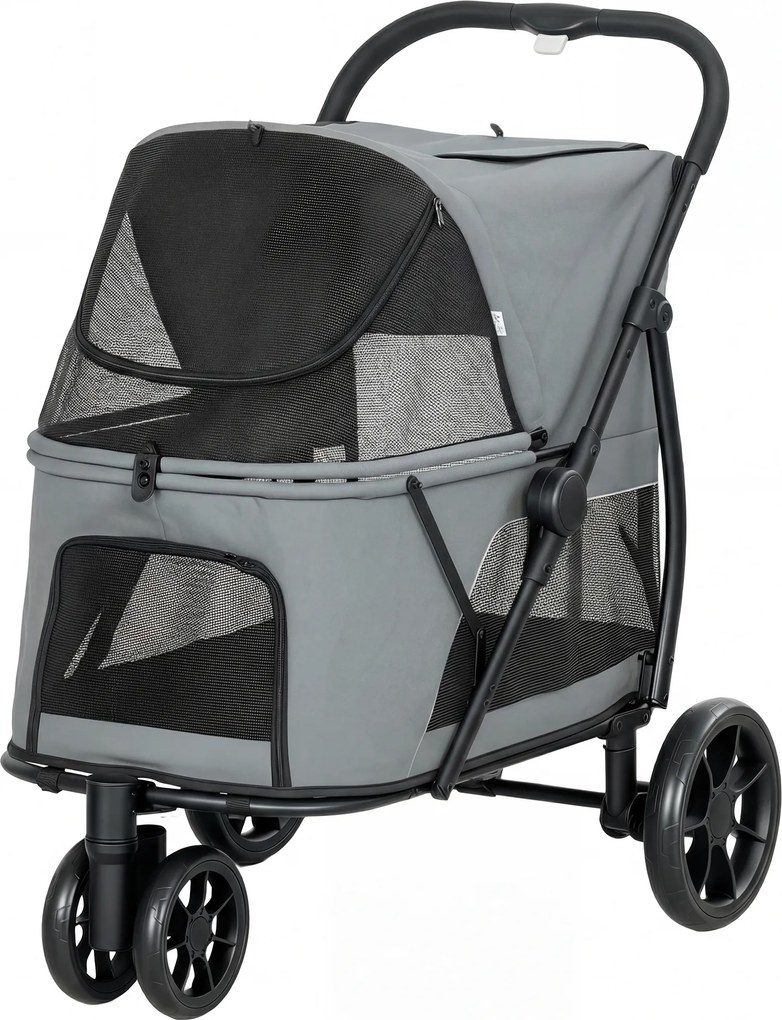 PawHut Cărucior pentru Câini Pliabil cu 3 Roți Ferestre din Plasă Pernă Lavabilă Pentru Orice Teren Sarcină 20 kg 92x63x95 cm Gri | Aosom Romania