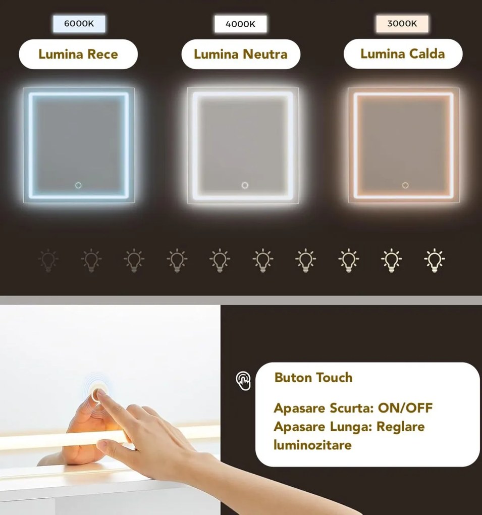 Masuta machiaj cu Oglinda LED si 2 Sertare pentru Cosmetice, Set Masa toaleta 90 cm, Alb, masuta cosmetica, vanity - SEA804